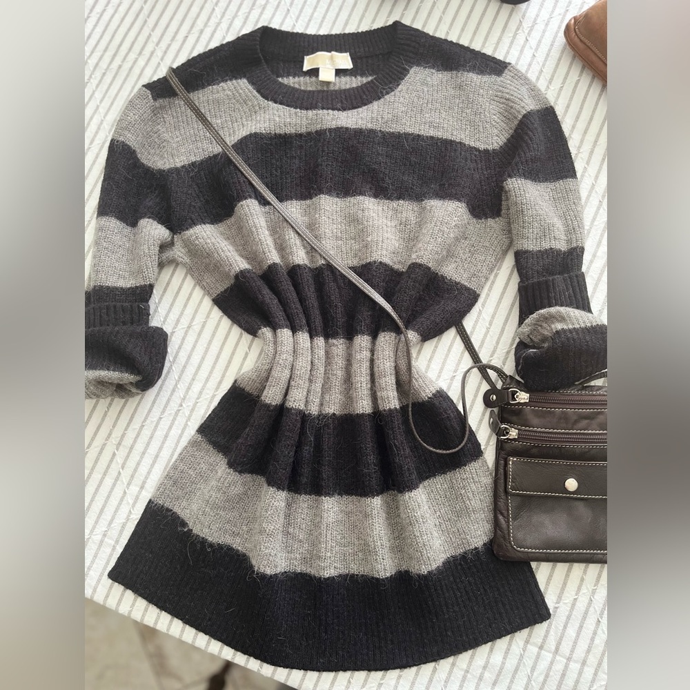 Michael Kors Black and Gray Striped Wool Blend Sweater Dress